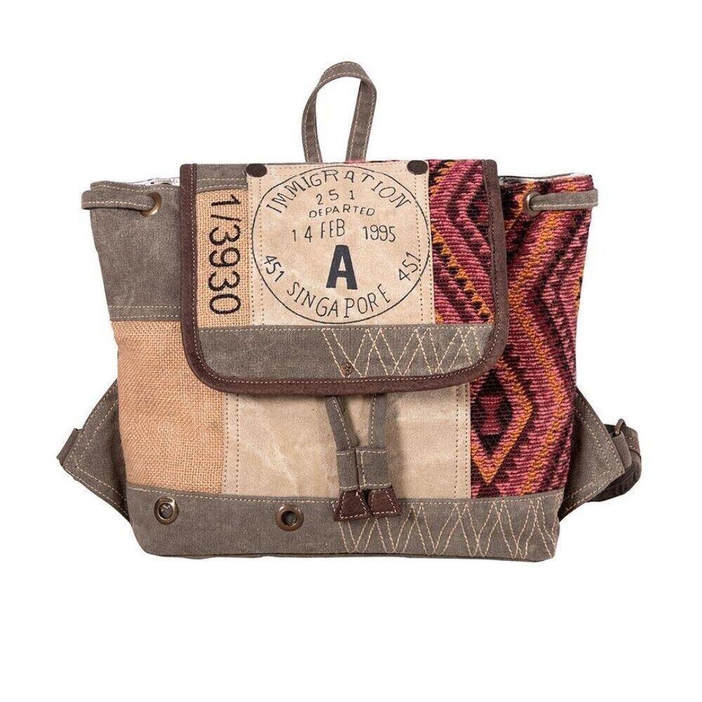 Myra Bag Handmade Singapore Backpack Upcycled Canvas & Cowhide Leather - Picture 3 of 10